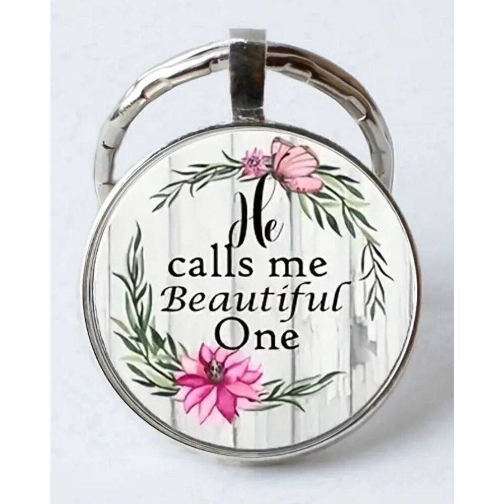 Round Silver Ladies He Calls Me Beautiful One Keychain - Picture 2 of 2